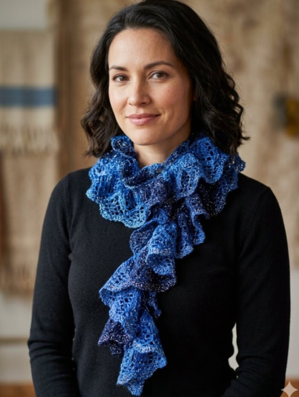 Handmade Lace Ruffle Knit Scarf Shades of Blue Silver Metallic OS